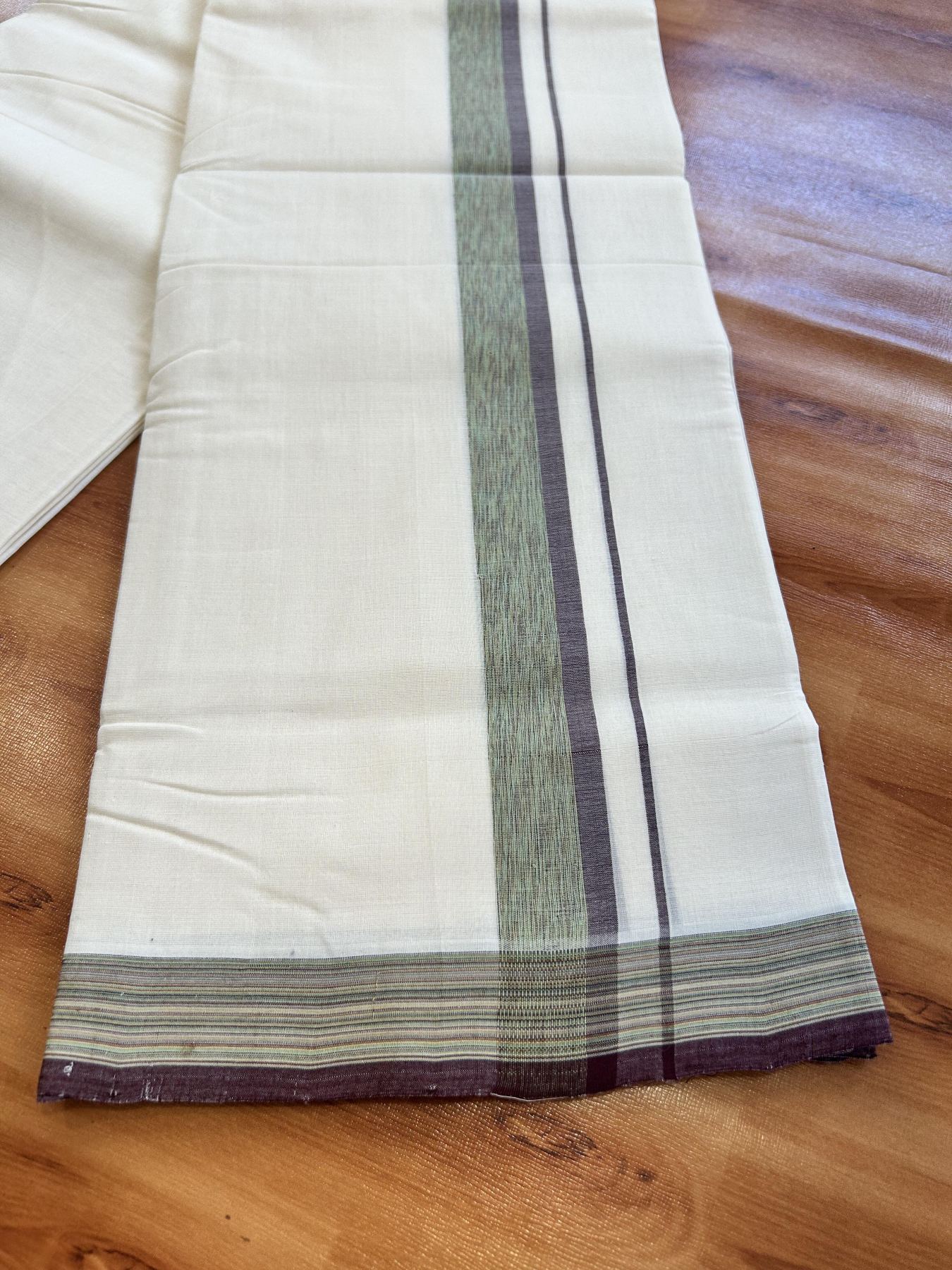 Double Off White (Unbleached) Mundu/Dhoti - 25% Discount!! KaithariKada Handloom Unakkupaav - Kerala Handloom - 100% Pure Cotton - 100x80 - 1.25 inch Brown & Multi Colour Shaded Kara 3.80 meter (8 muzham) - 51 KK5436 REA
