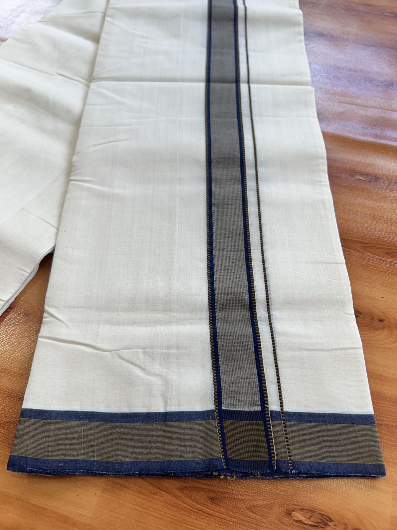 Double Off White (Unbleached) Mundu/Dhoti - 25% Discount!! KaithariKada Handloom Unakkupaav - Kerala Handloom - 100% Pure Cotton - 100x80 - 1.5 inch Navy Blue & Medium Brown Striped Designer Kara 3.80 meter (8 muzham) - 52 KK5436 REA