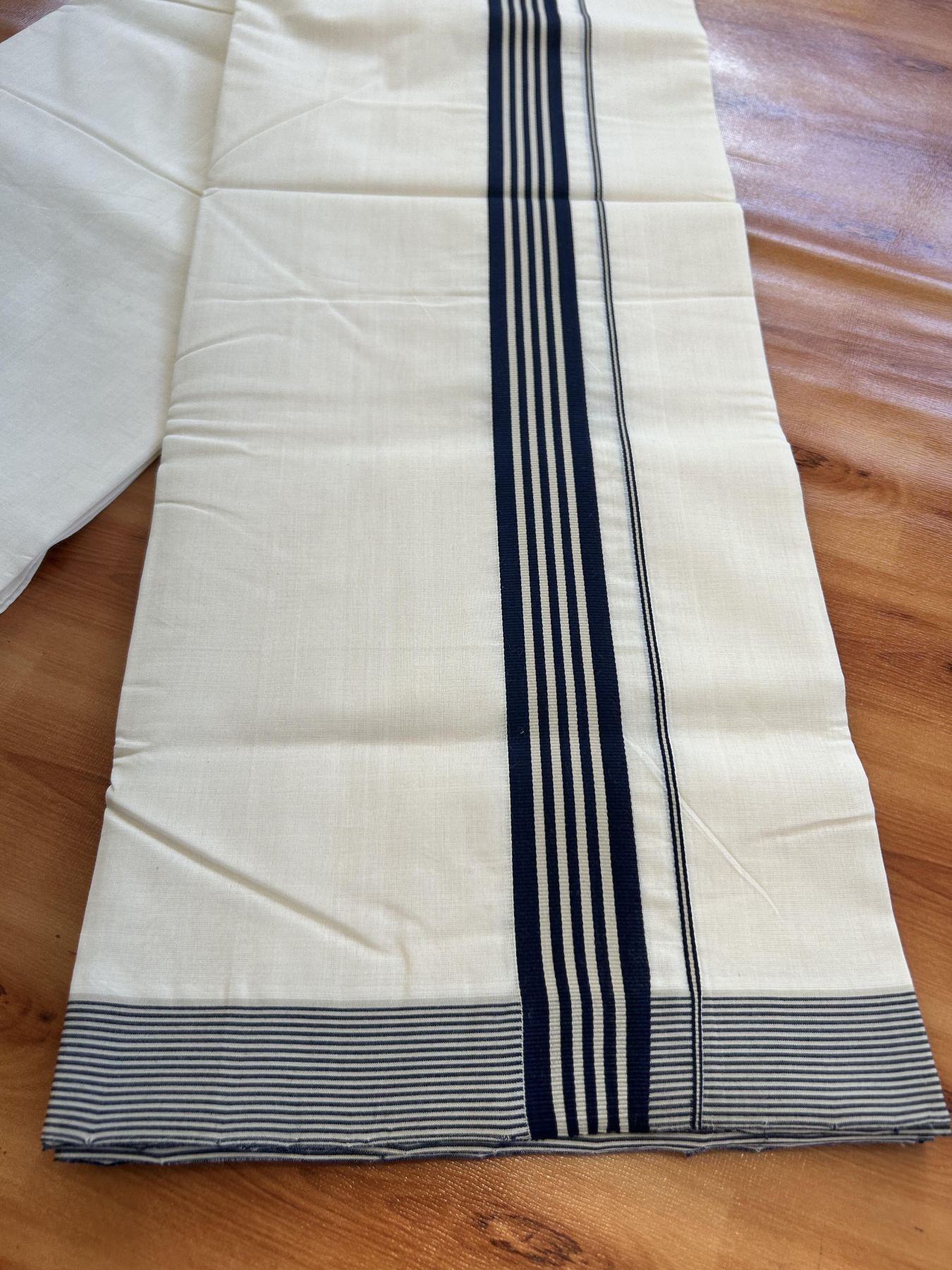 Double Off White (Unbleached) Mundu/Dhoti - 25% Discount!! KaithariKada Handloom Unakkupaav - Kerala Handloom - 100% Pure Cotton - 100x80 - 1.25 inch Navy Blue & Beige Striped Kara 3.80 meter (8 muzham) - 53 KK5436 REA