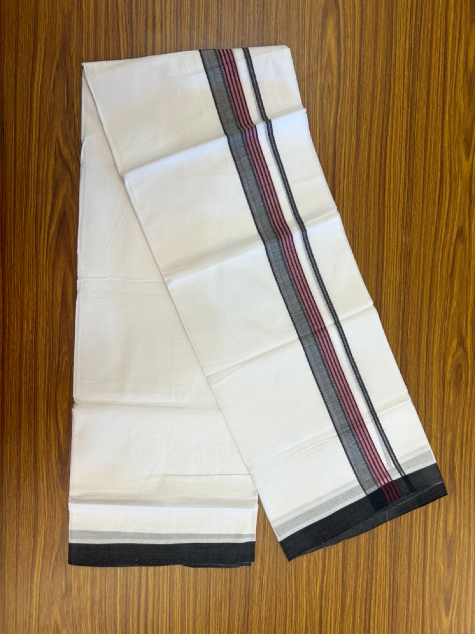 14% Discount ! Kaitharikada Balaramapuram 100% Cotton Pure White Double Mundu/Dothi - 72x72 - 1.5 inch Wine Purple & Black Striped Kara 3.65 mtr (8 muzham) - 13 KK5298 SKM