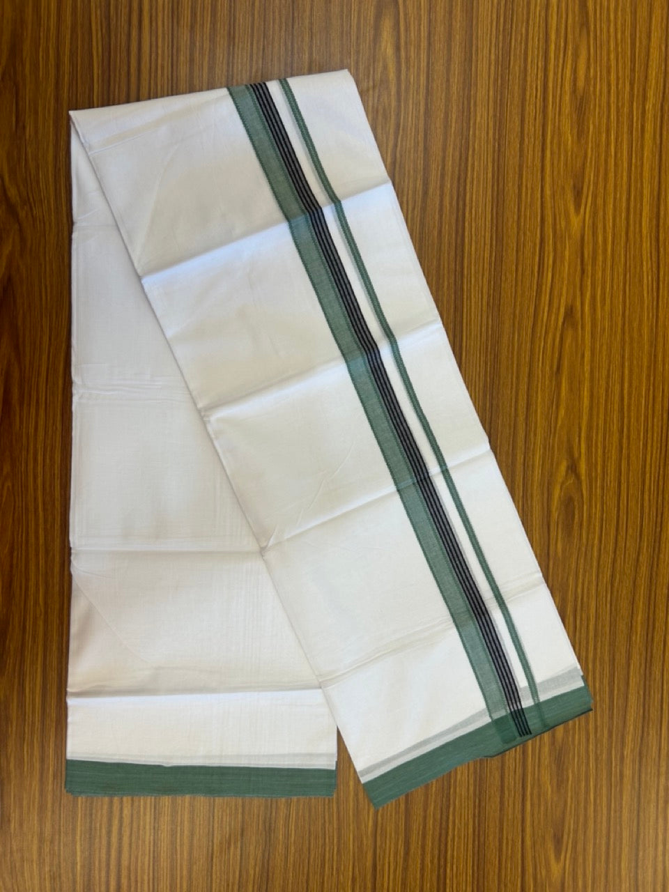 14% Discount ! Kaitharikada Balaramapuram 100% Cotton Pure White Double Mundu/Dothi - 72x72 - 1.25 inch Sea Green & Black Striped Kara 3.65 mtr (8 muzham) - 12 KK5298 SKM