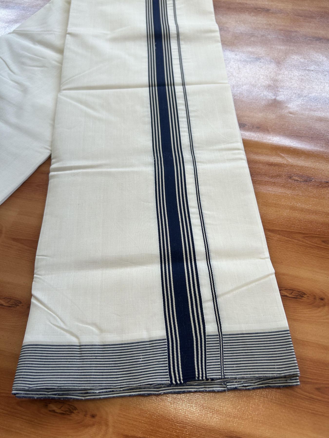 Double Off White (Unbleached) Mundu/Dhoti - 25% Discount!! KaithariKada Handloom Unakkupaav - Kerala Handloom - 100% Pure Cotton - 100x80 - 1.25 inch Navy Blue & Beige Striped Kara 3.80 meter (8 muzham) - 54 KK5436 REA