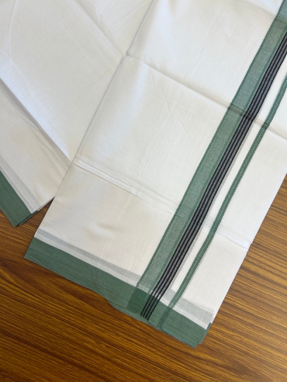 14% Discount ! Kaitharikada Balaramapuram 100% Cotton Pure White Double Mundu/Dothi - 72x72 - 1.25 inch Sea Green & Black Striped Kara 3.65 mtr (8 muzham) - 12 KK5298 SKM