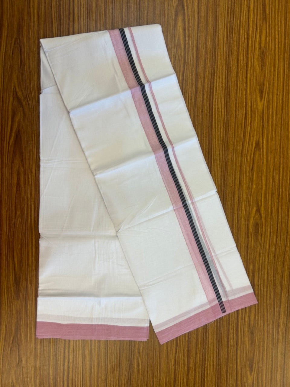14% Discount ! Kaitharikada Balaramapuram 100% Cotton Pure White Double Mundu/Dothi - 72x72 - 1.25 inch Light Pink & Black Striped Kara 3.65 mtr (8 muzham) - 6 KK5298 SKM