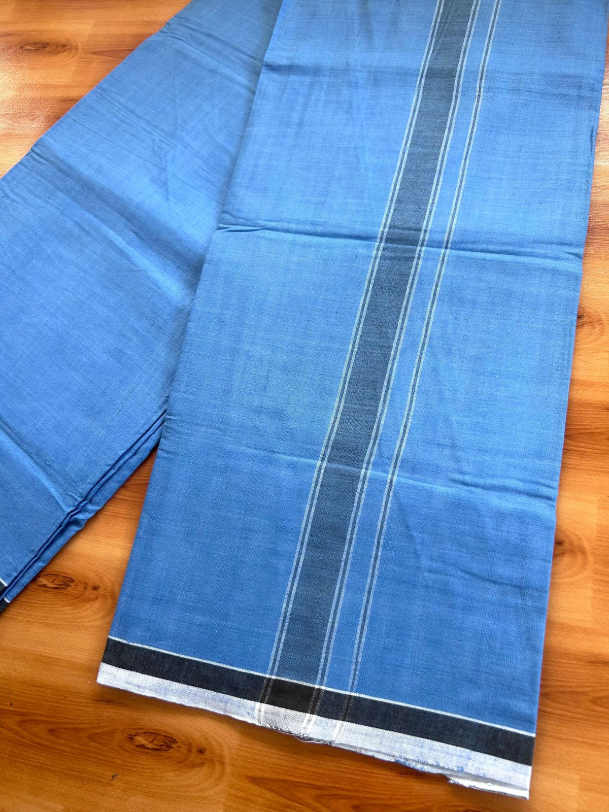 Kerala Handloom - Signature Kaitharikada - 100% Pure Cotton 2/60x40s Thread - Single Mundu / Dhoti - 1.25 inch Black & White Shaded Striped Kara with Denim Blue colour Body (2 meter / 4 muzham) - 5 KK8080 KAL