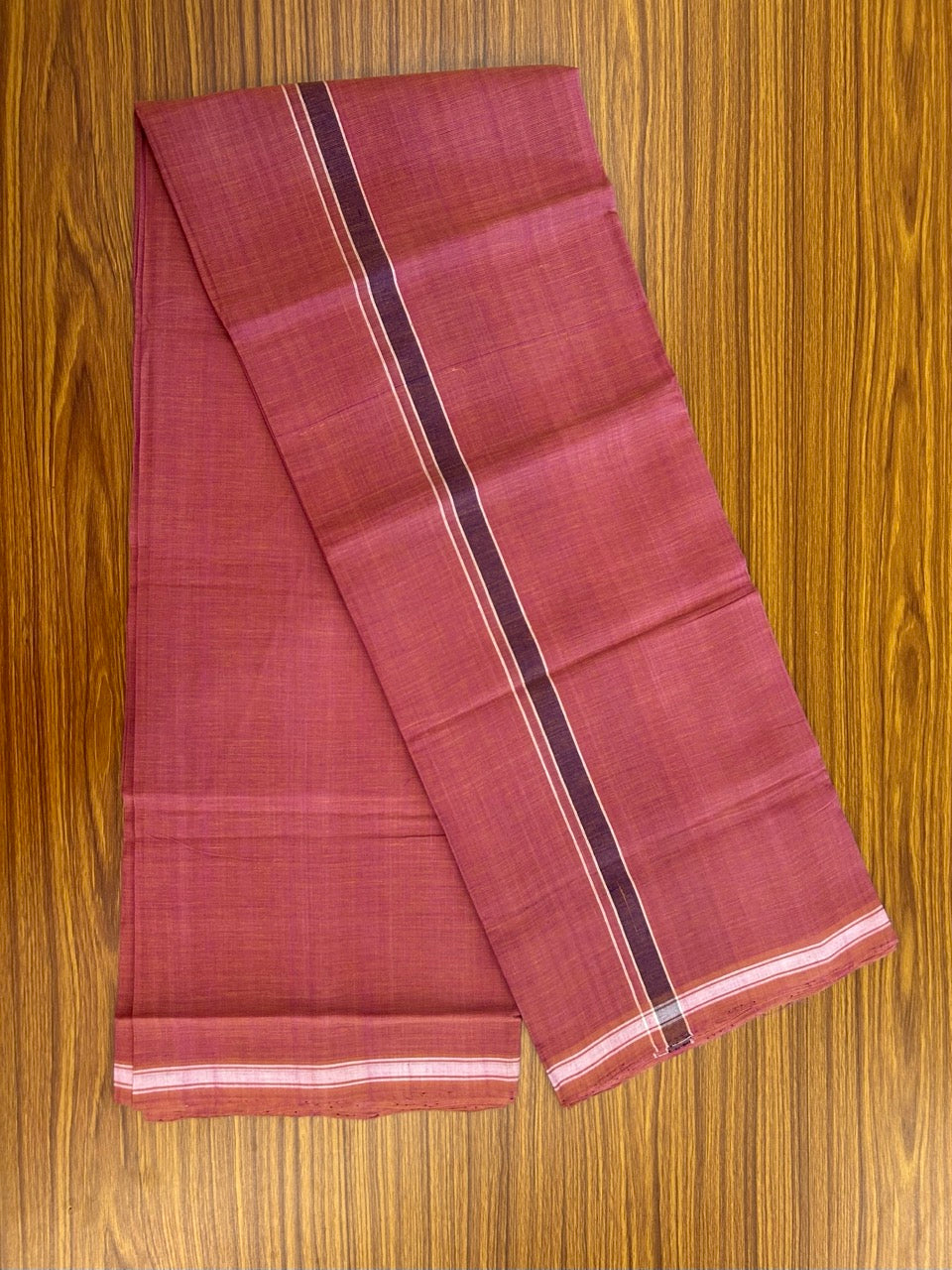 10% Discount !! KaithariKada 100% Pure Cotton - HANDLOOM Single Mundu/Dhoti Brown Pink Shaded COLOUR BODY & Violet 1.5 cm Kara- (2 meter / 4 muzham)- 10KK8025 ELA