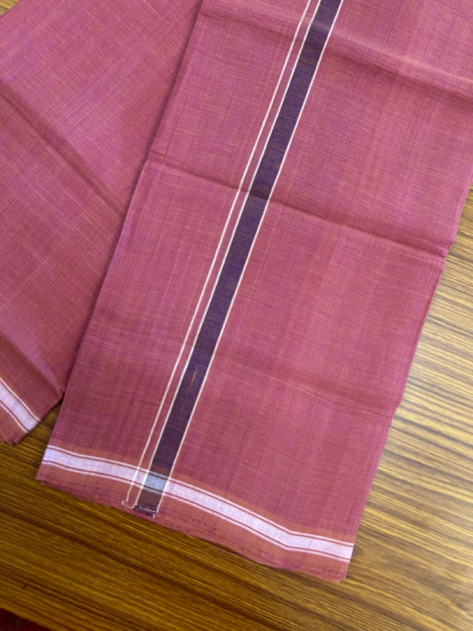 10% Discount !! KaithariKada 100% Pure Cotton - HANDLOOM Single Mundu/Dhoti Brown Pink Shaded COLOUR BODY & Violet 1.5 cm Kara- (2 meter / 4 muzham)- 10KK8025 ELA