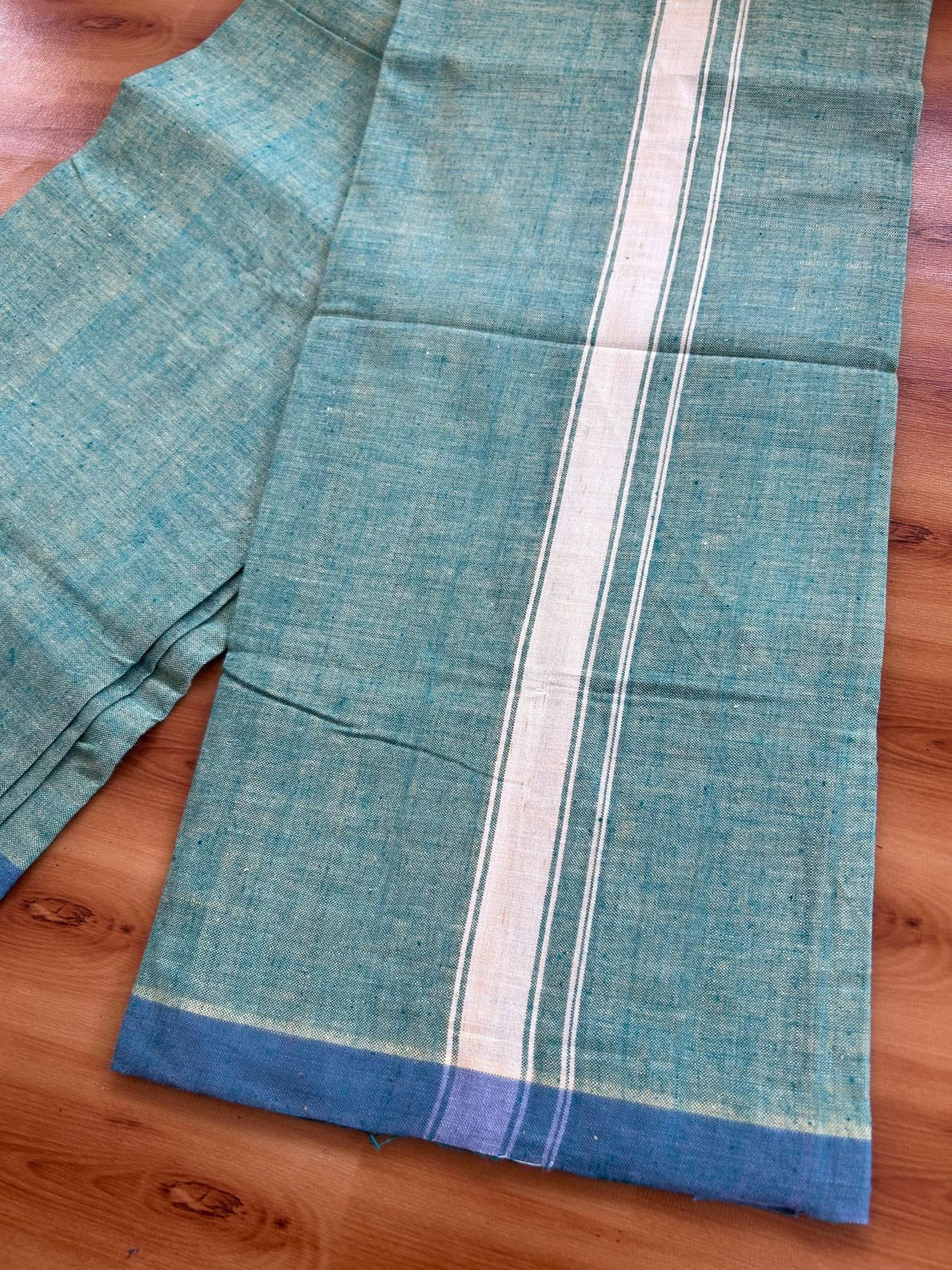 Kerala Handloom - Signature Kaitharikada - 100% Pure Cotton 2/60x40s Thread - Single Mundu / Dhoti - 1.25 inch Light Yellow Shaded Striped Kara with Green & Light Yellow colour Body (2 meter / 4 muzham) - 6 KK8080 KAL