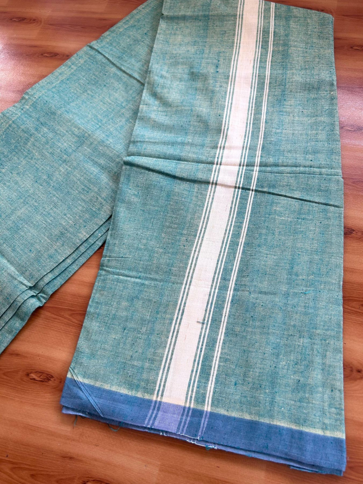 Kerala Handloom - Signature Kaitharikada - 100% Pure Cotton 2/60x40s Thread - Single Mundu / Dhoti - 1.25 inch Light Yellow Shaded Striped Kara with Green & Light Yellow colour Body (2 meter / 4 muzham) - 7 KK8080 KAL