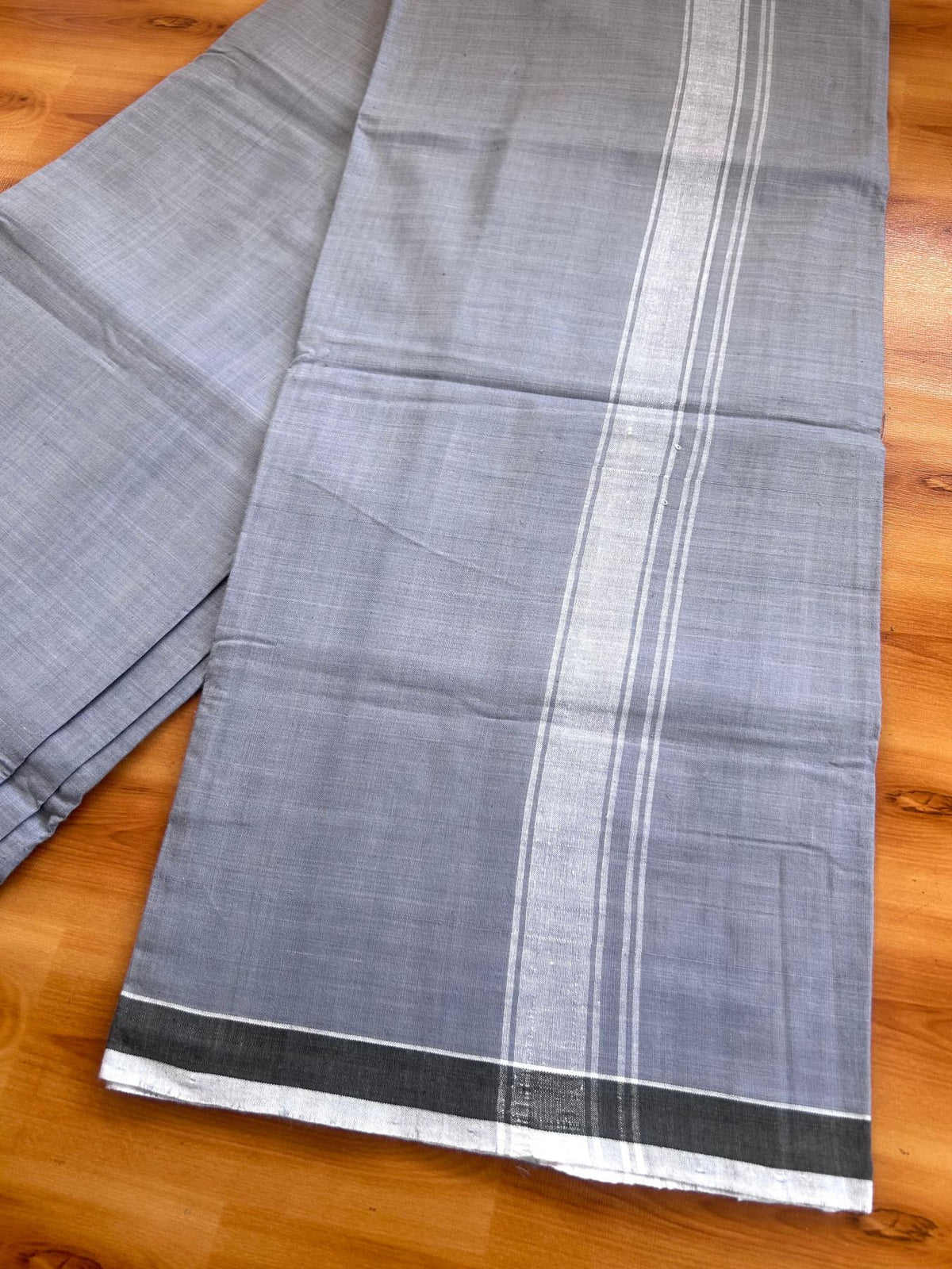 Kerala Handloom - Signature Kaitharikada - 100% Pure Cotton 2/60x40s Thread - Single Mundu / Dhoti - 1.25 inch White Shaded Striped Kara with Dusty Blue colour Body (2 meter / 4 muzham) - 9 KK8080 KAL