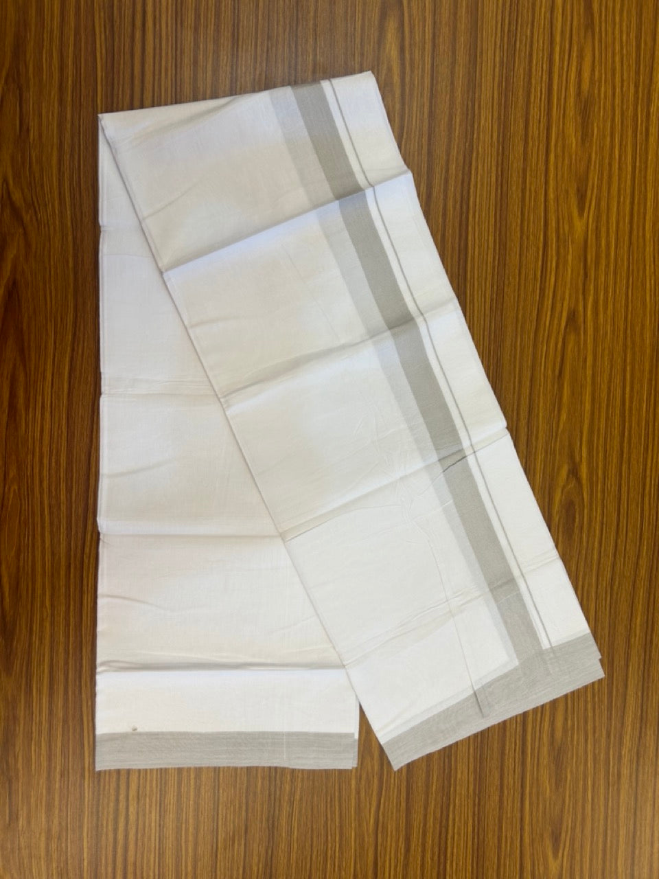 Single Pure white - Kaitharikada 100% Cotton 40s Thread Mundu / Dothi - 1.25 inch Light Grey Shaded Kara (2 meters / 4 mulam) - 23 KK5298 SKM
