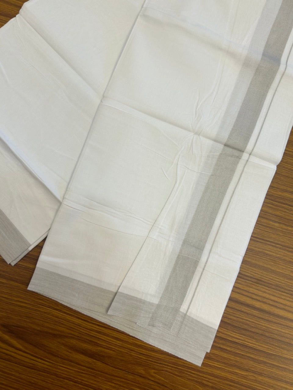 Single Pure white - Kaitharikada 100% Cotton 40s Thread Mundu / Dothi - 1.25 inch Light Grey Shaded Kara (2 meters / 4 mulam) - 23 KK5298 SKM
