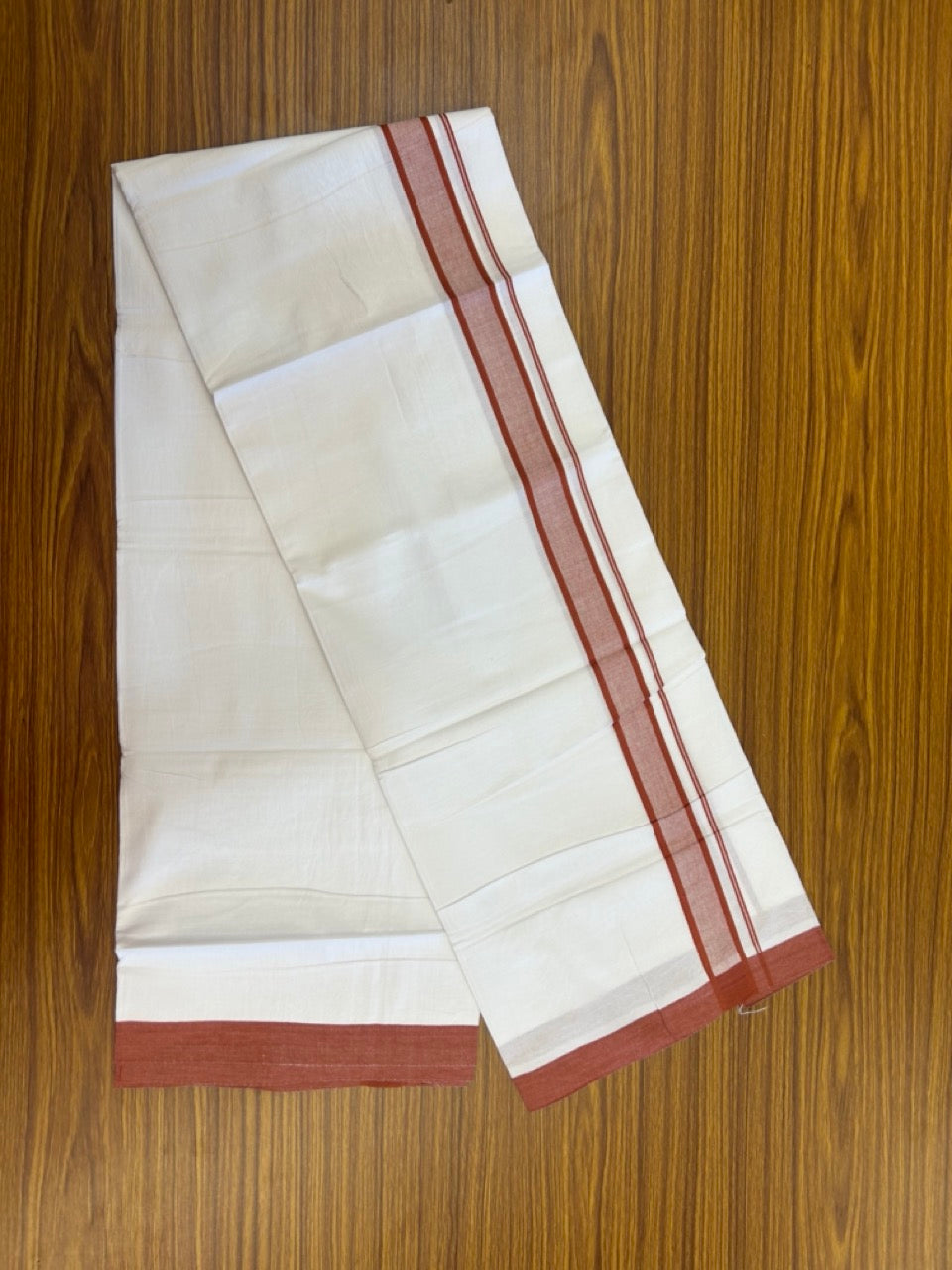 Single Pure white - Kaitharikada 100% Cotton 40s Thread Mundu / Dothi - 1.25 inch Brick Orange Shaded Kara (2 meters / 4 mulam) - 21 KK5298 SKM