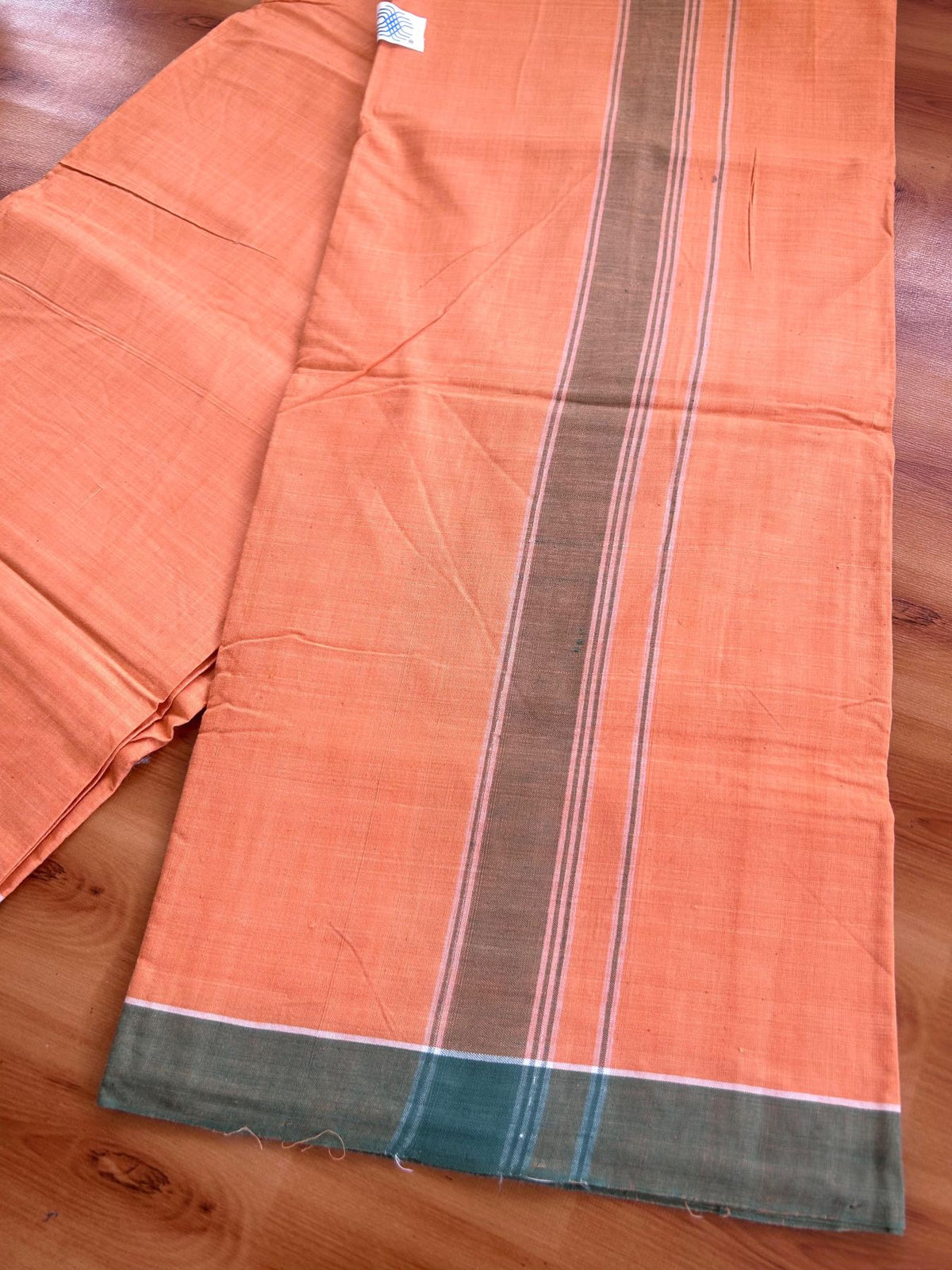 Kerala Handloom - Signature Kaitharikada - 100% Pure Cotton 2/60x40s Thread - Single Mundu / Dhoti - 1.25 inch Teal Blue Shaded Striped Kara with Light Orange Kavi colour Body (2 meter / 4 muzham) - 2 KK8080 KAL