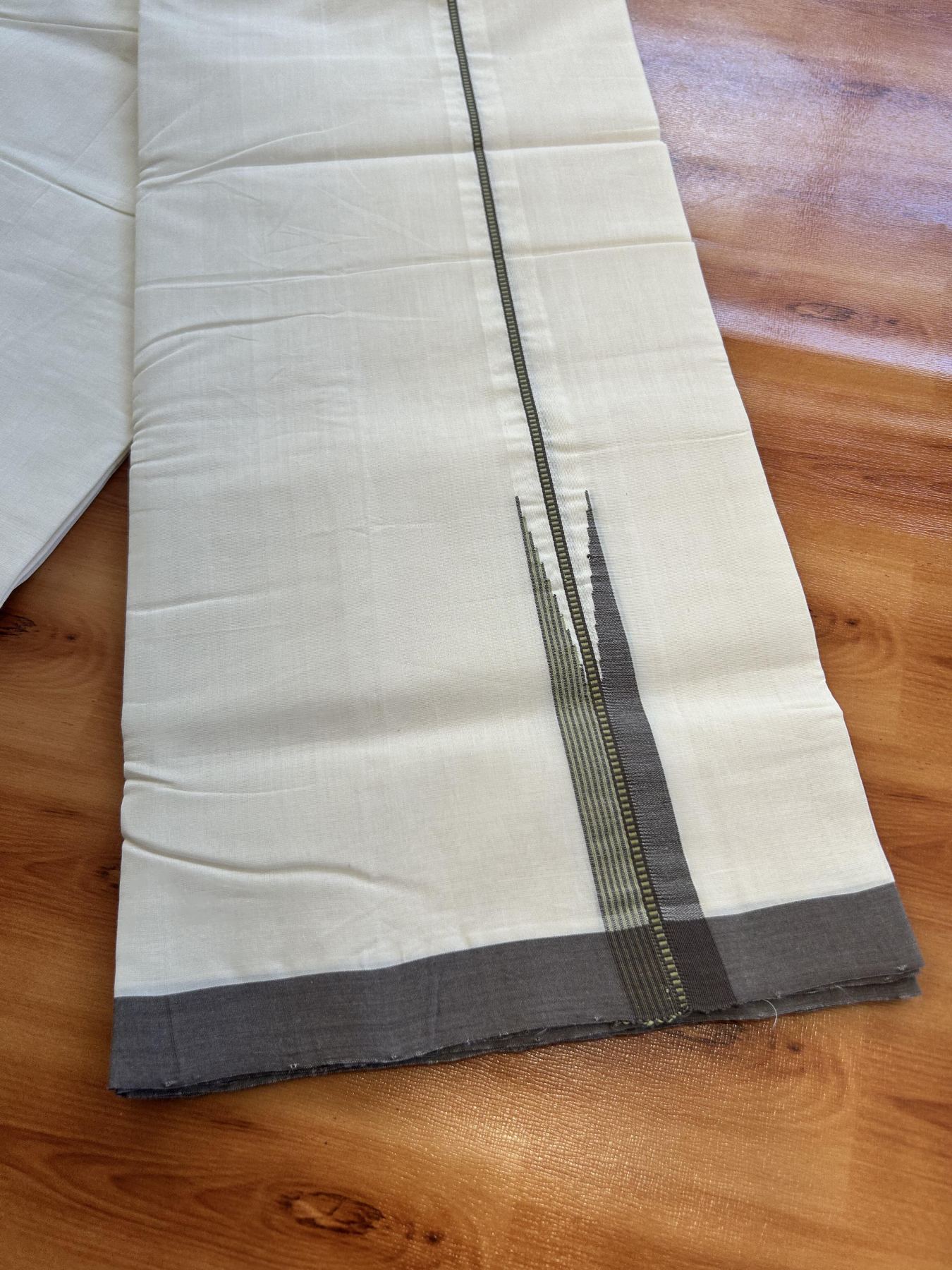 Double Off White (Unbleached) Mundu/Dhoti - 25% Discount!! KaithariKada Handloom Unakkupaav - Kerala Handloom - 100% Pure Cotton - 100x80 - 1 inch Light Green & Brown Striped Chutty Kara 3.80 meter (8 muzham) - 38 KK5436 REA