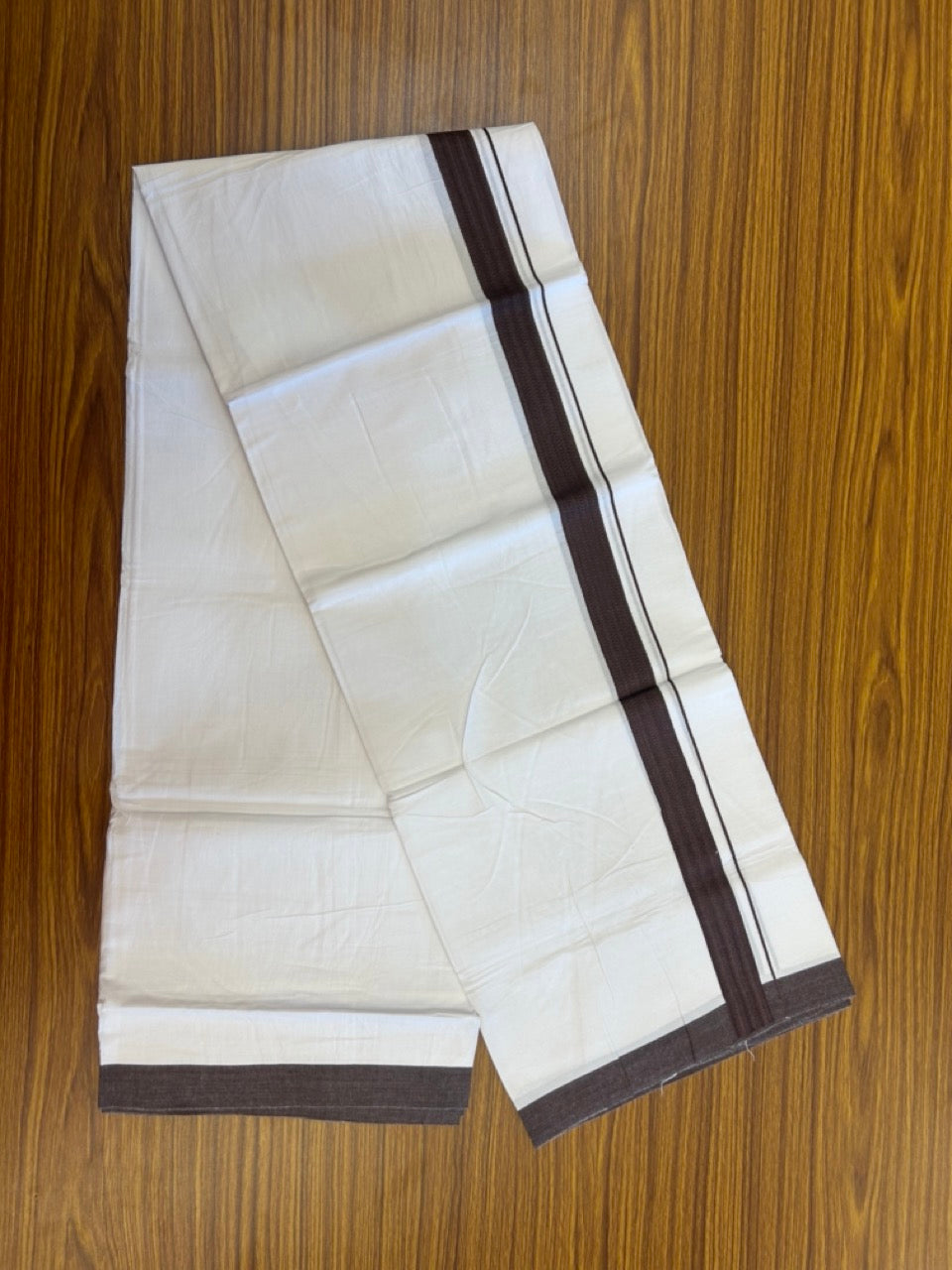 Single Pure white - Kaitharikada 100% Cotton 40s Thread Mundu / Dothi - 1.25 inch Brown Shaded Kara (2 meters / 4 mulam) - 25 KK5298 SKM