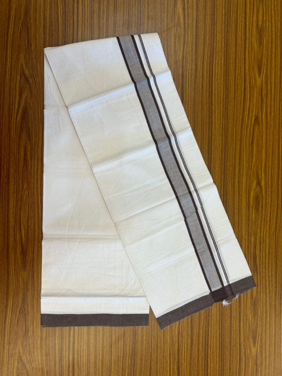 Single Pure white - Kaitharikada 100% Cotton 40s Thread Mundu / Dothi - 1.25 inch Brown Shaded Kara (2 meters / 4 mulam) - 20 KK5298 SKM
