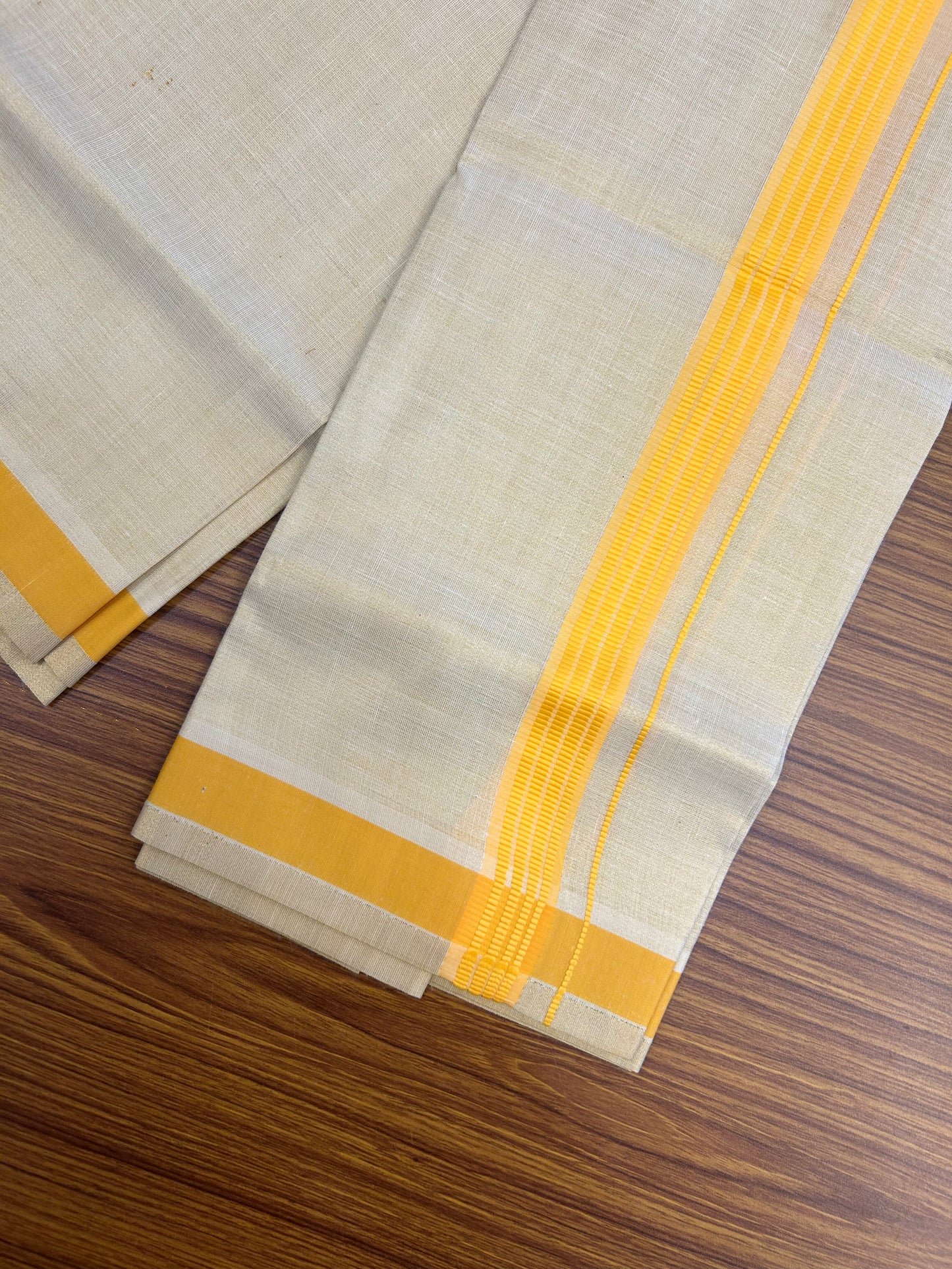 Single Tissue - KaithariKada Balaramapuram Tissue Single Dhoti/Mund Mixed Cotton - 70x30 - 1.25 inch Gold Kasav & Light Yellow Stripes Kara (2 meter / 4 muzham) - 208 KK5361 PMC