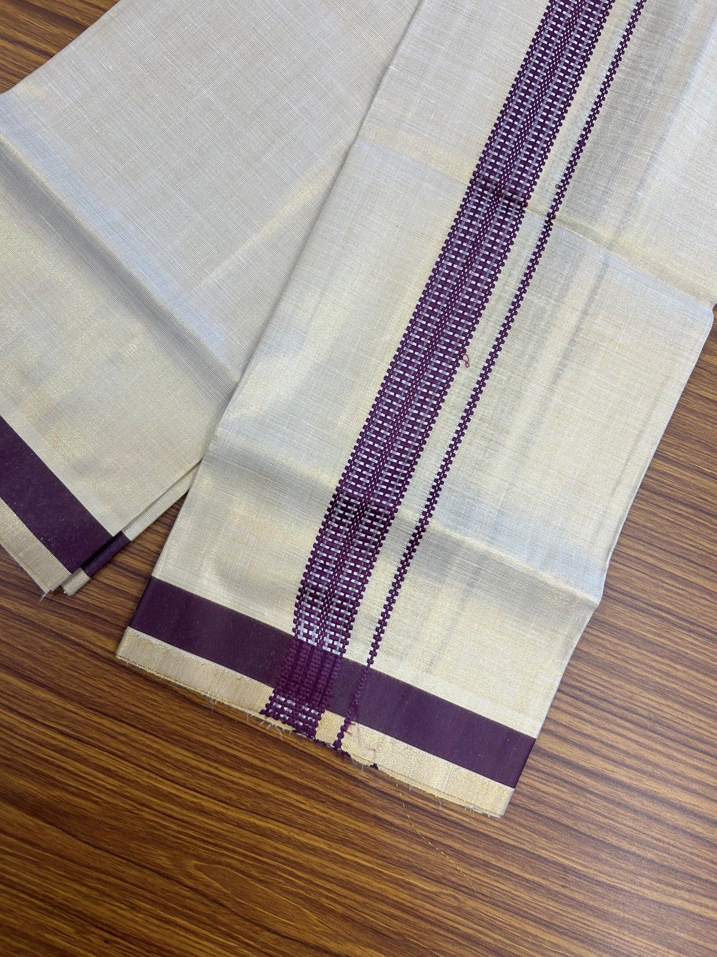 Single Tissue - KaithariKada Balaramapuram Tissue Single Dhoti/Mund Mixed Cotton - 70x30 - 1.25 inch Light Gold Kasav & Wine Stripes Kara (2 meter / 4 muzham) - 211 KK5361 PMC
