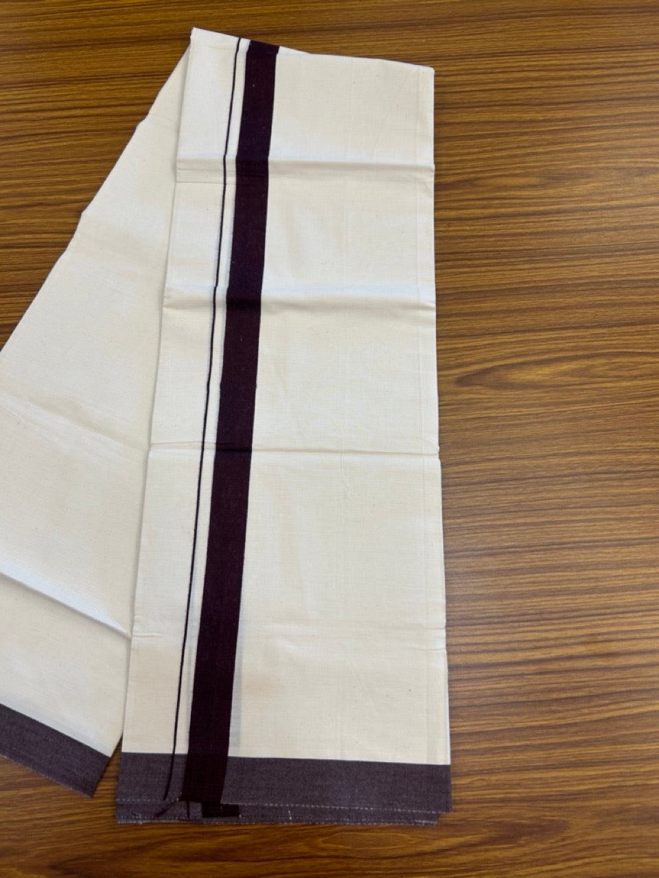 Single Off white - Kaitharikada 100% Cotton 40s Thread Mundu / Dothi - 1 inch Dark Wine Purple Kara (2 meters / 4 mulam) - 32 KK5298 SKM