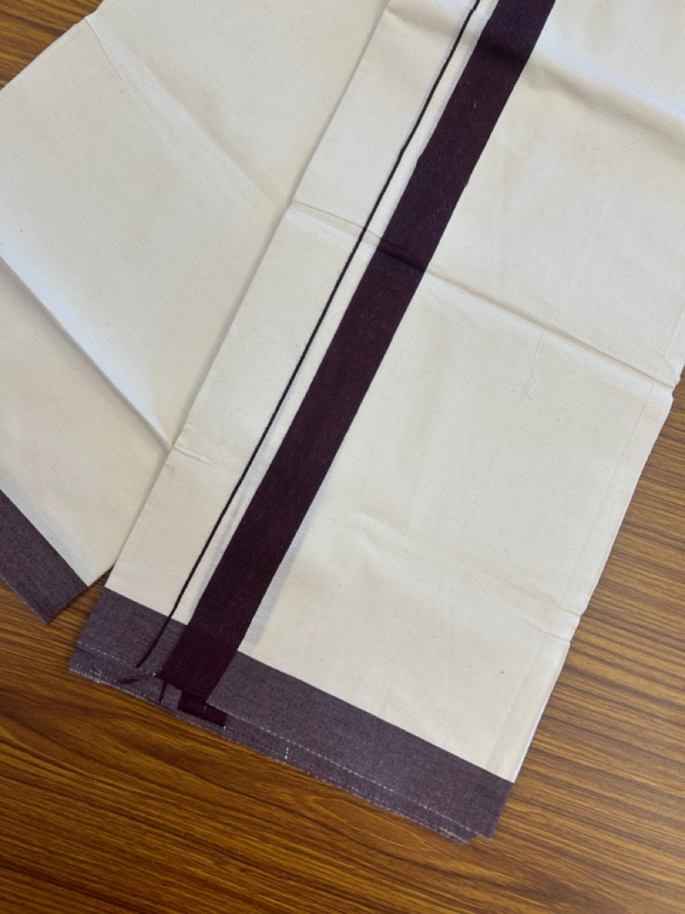 Single Off white - Kaitharikada 100% Cotton 40s Thread Mundu / Dothi - 1 inch Dark Wine Purple Kara (2 meters / 4 mulam) - 32 KK5298 SKM