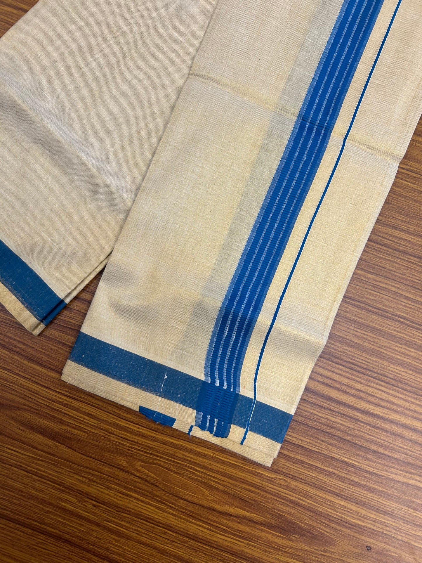 Single Tissue - KaithariKada Balaramapuram Tissue Single Dhoti/Mund Mixed Cotton - 70x30 - 1.75 inch Gold Kasav & Blue Stripes Kara (2 meter / 4 muzham) - 214 KK5361 PMC