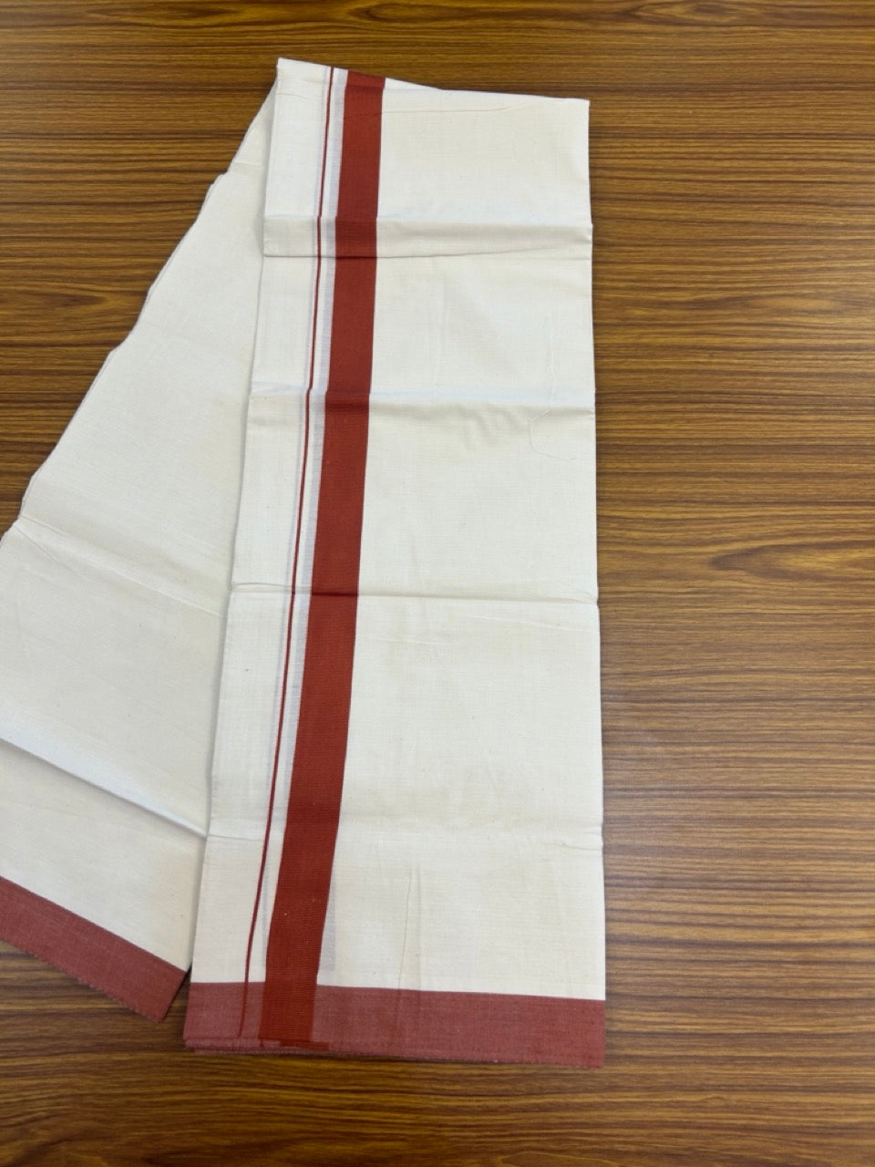 Single Off white - Kaitharikada 100% Cotton 40s Thread Mundu / Dothi - 1 inch Rust Brown Kara (2 meters / 4 mulam) - 31 KK5298 SKM