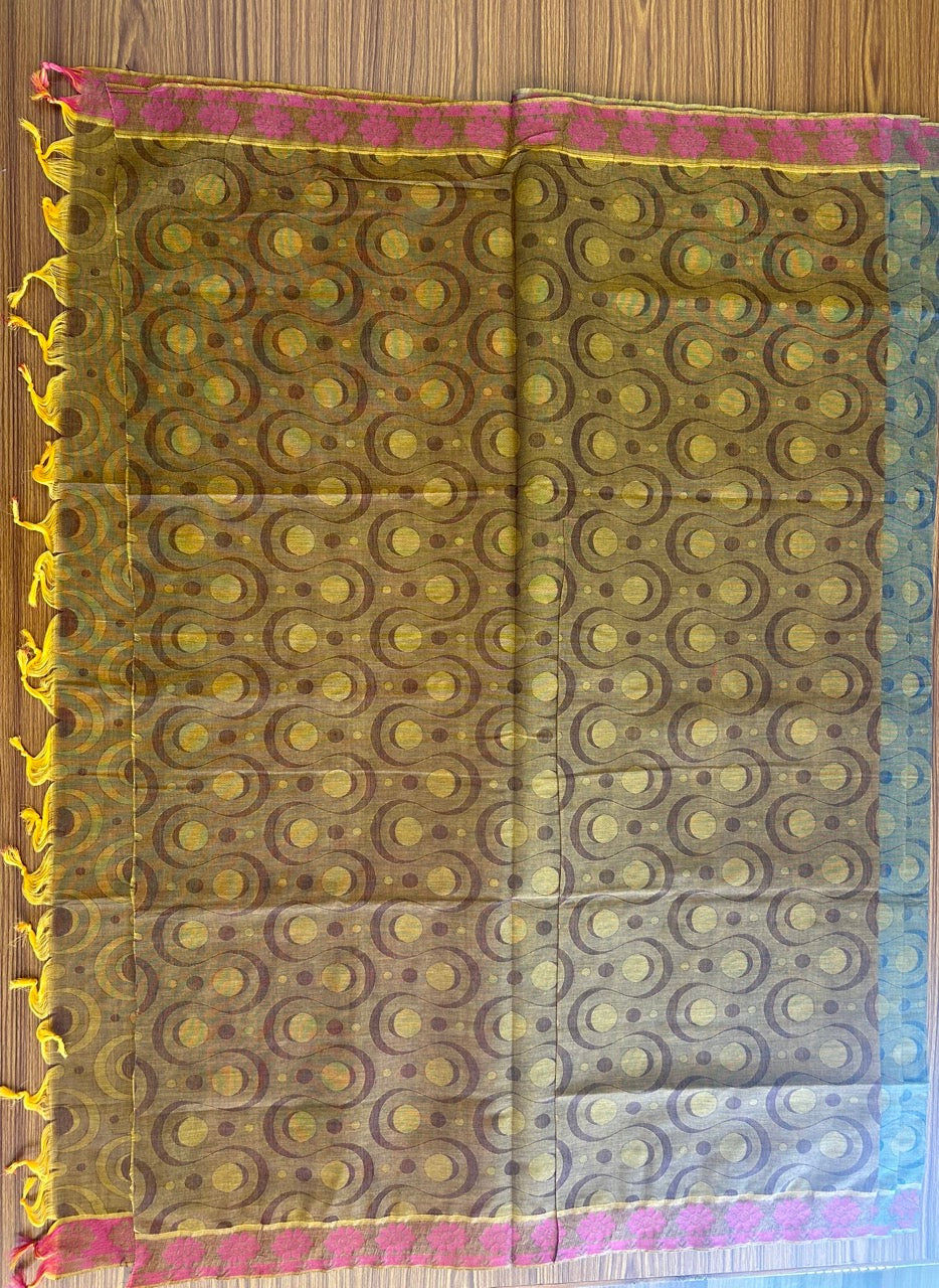 Kerala Colour Cotton Saree - Shaded Blue Yellow & Maroon Flower Design Kara - Kaitharikada - 2KK1007RJT