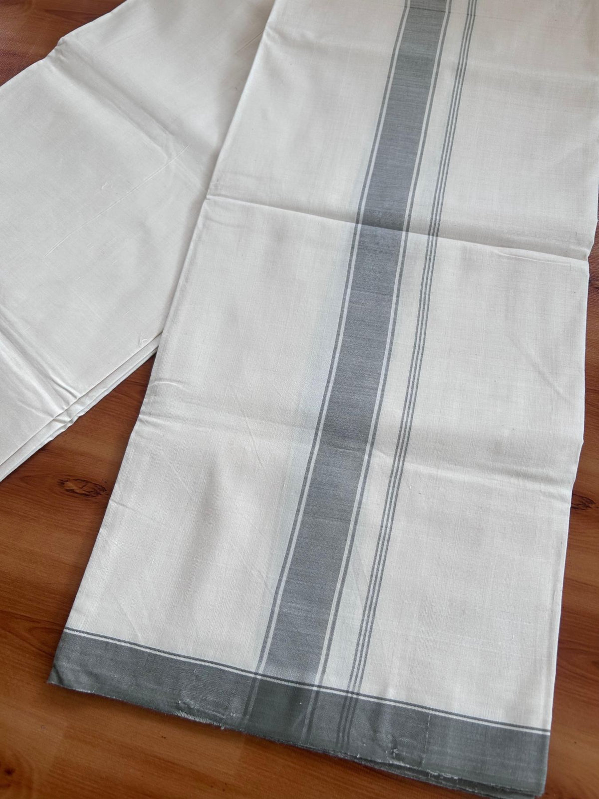 Kerala Handloom - Signature Kaitharikada - 100% Pure Cotton 2/60X40s Thread - Off White Single Mundu / Dhoti - 1.25 inch Olive Green Shaded Striped Kara - (2 meter / 4 muzham) - 15 KK8080 KAL