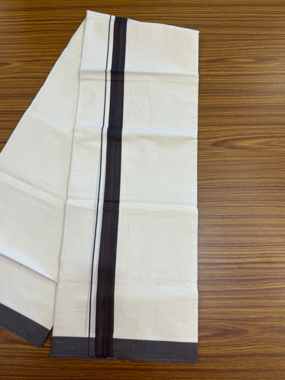 Single Off white - Kaitharikada 100% Cotton 40s Thread Mundu / Dothi - 1 inch Chocolate Brown Kara (2 meters / 4 mulam) - 33 KK5298 SKM
