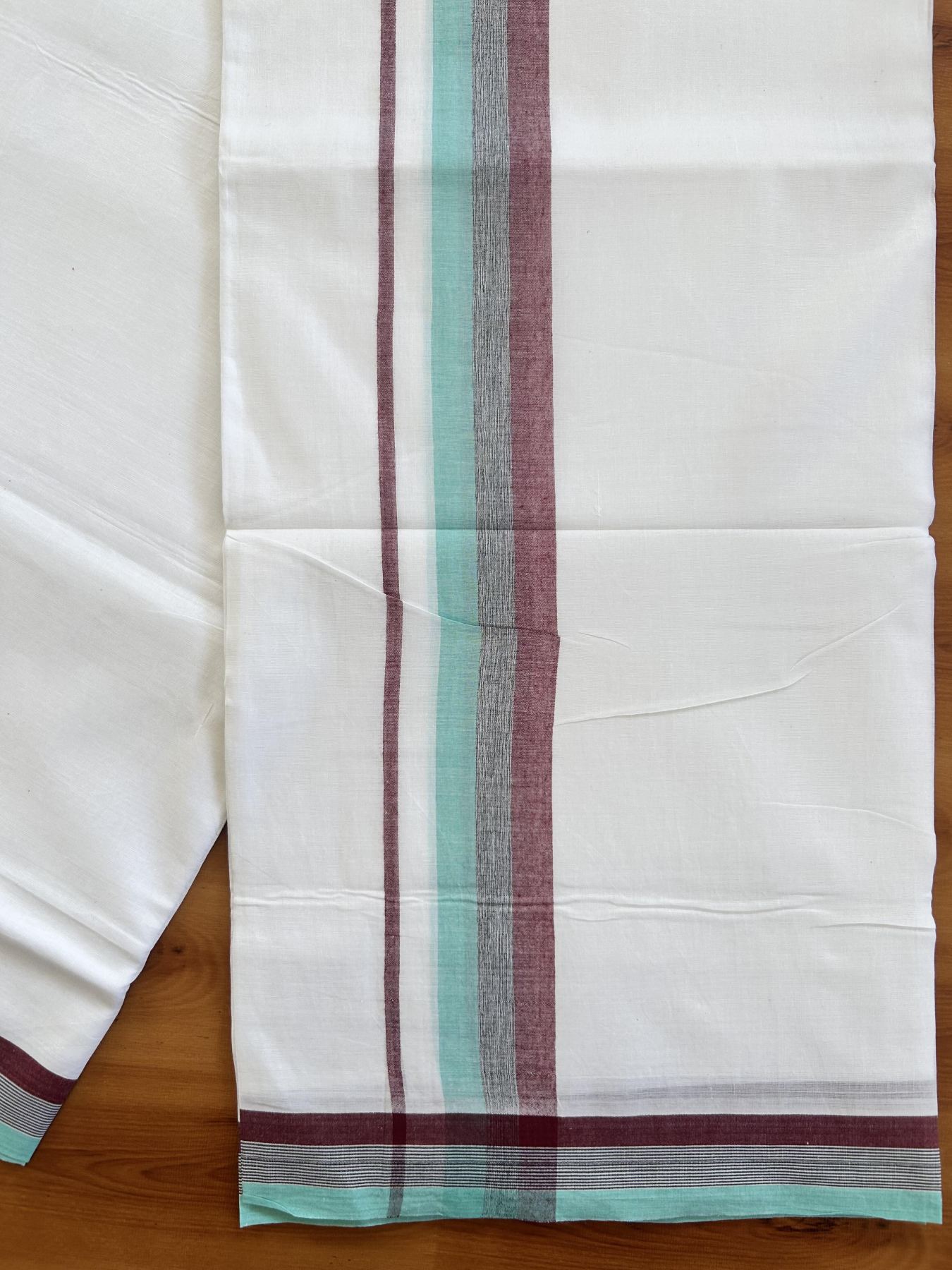 Double Pure White Mundu/Dhoti- 20% Discount ! Kaitharikada Balaramapuram 100% Pure Cotton - 100x80 - 1.5 inch Turquoise, Black & Maroon Shaded Kara 3.90 mtr (8 muzham) - 27 KK5444 VIN