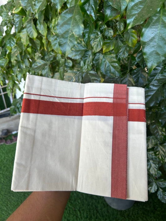 Single Off white - Kaitharikada 100% Cotton 40s Thread Mundu / Dothi - 1 inch Rust Brown Kara (2 meters / 4 mulam) - 31 KK5298 SKM