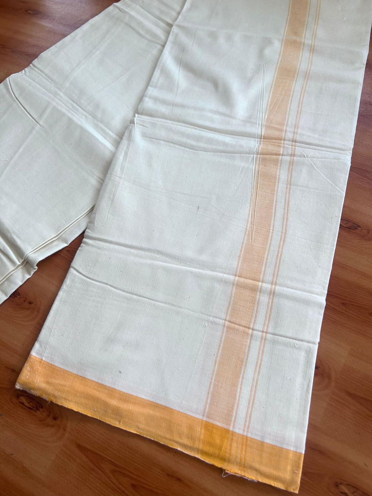 Kerala Handloom - Signature Kaitharikada - 100% Pure Cotton 2/60sx40s Thread - Off White Single Mundu / Dhoti - 1 inch Light Orange Shaded Striped Kara - (2 meter / 4 muzham) - 21 KK8080 KAL