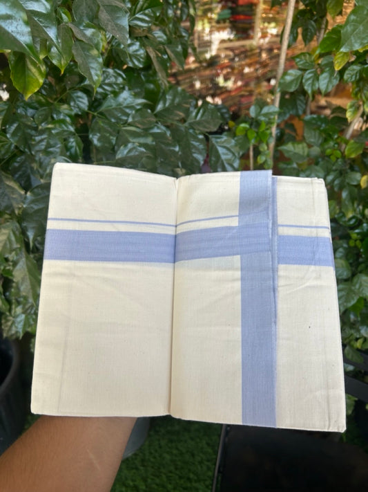 Single Off white - Kaitharikada 100% Cotton 40s Thread Mundu / Dothi - 1 inch Pastel Blue Kara (2 meters / 4 mulam) - 29 KK5298 SKM