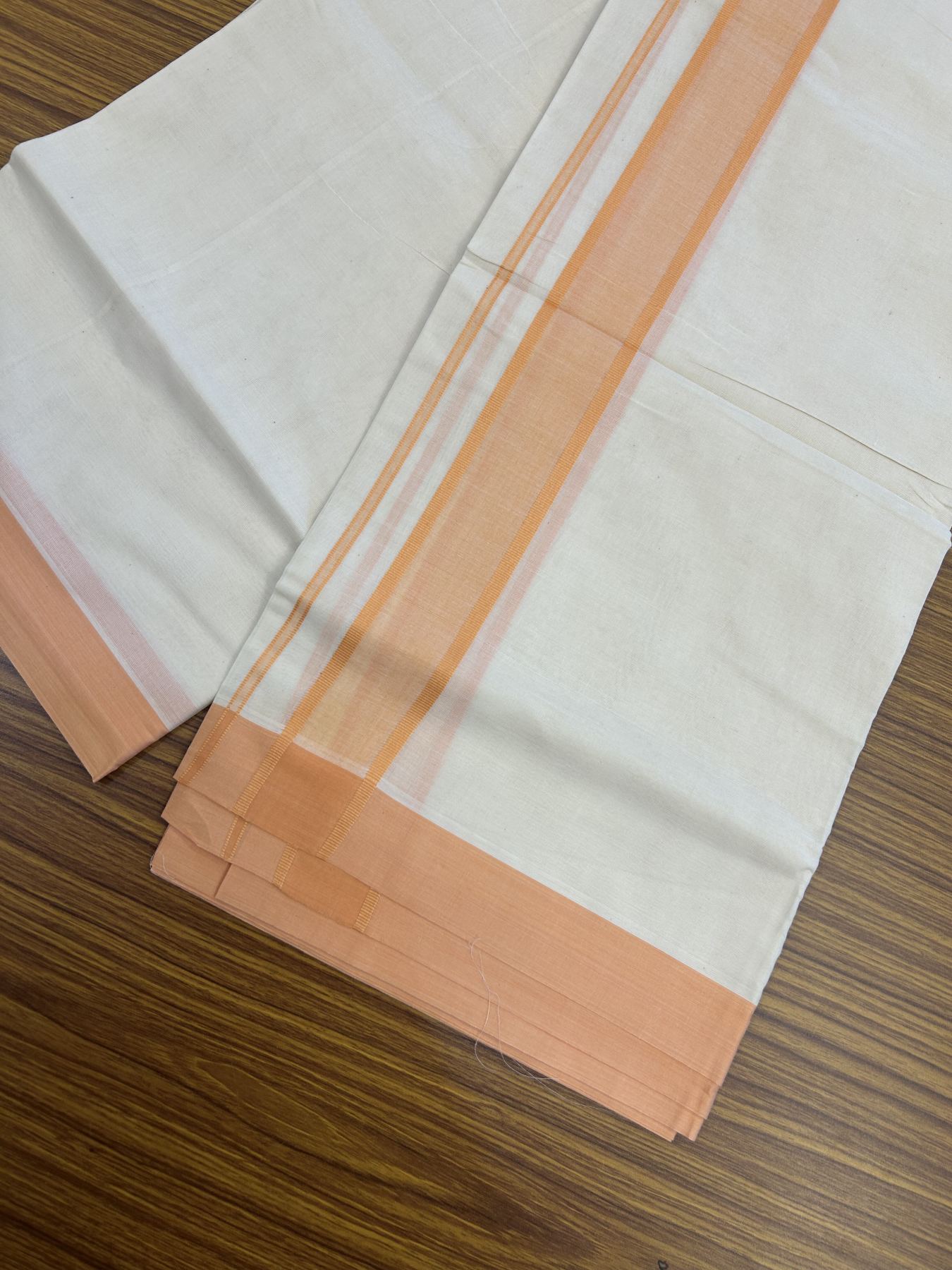 20% Discount! KaithariKada Balaramapuram 100% Cotton Double Off White Mundu/Dhoti- 100x80 - 1.75 inch Coral Orange shaded Kara 4 mtr (8.5 muzham) - 195 KK5361 PMC