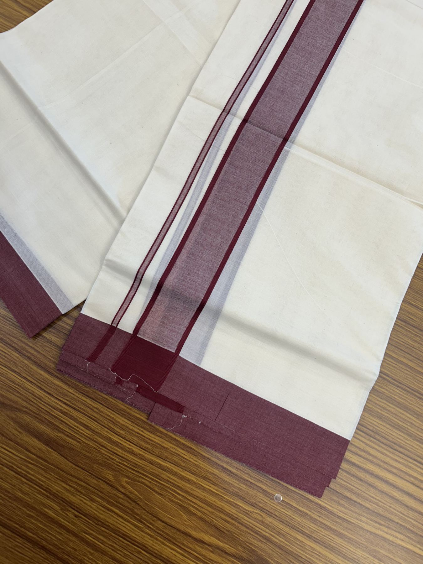 20% Discount! KaithariKada Balaramapuram 100% Cotton Double Off White Mundu/Dhoti- 100x80 - 1.75 inch Maroon pink shaded Kara 4 mtr (8.5 muzham) - 194 KK5361 PMC