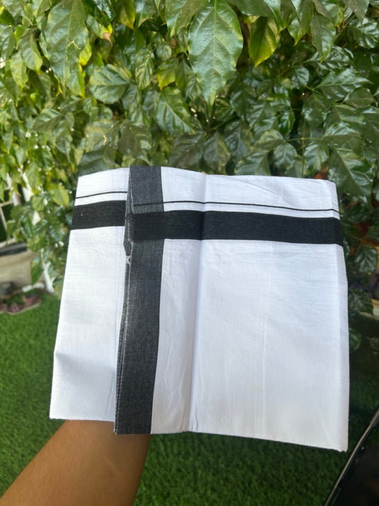 Single Pure white - Kaitharikada 100% Cotton 40s Thread Mundu / Dothi - 1.25 inch Black Shaded Kara (2 meters / 4 mulam) - 26 KK5298 SKM