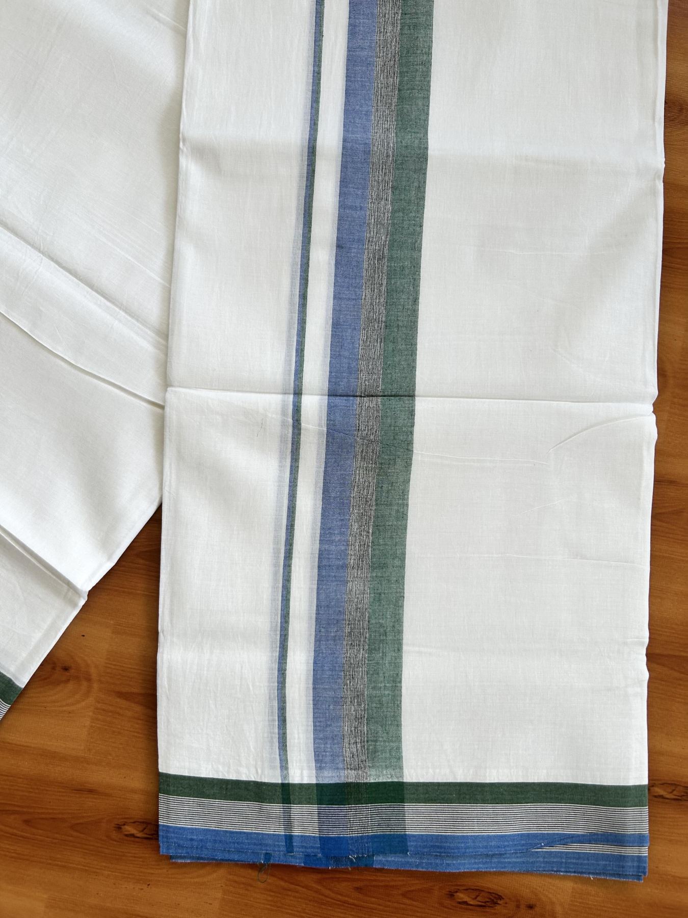 Double Pure White Mundu/Dhoti- 20% Discount ! Kaitharikada Balaramapuram 100% Pure Cotton - 100x80 - 1.5 inch Blue, Black & Green Shaded Kara 3.90 mtr (8 muzham) - 26 KK5444 VIN