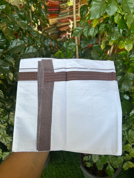 Single Pure white - Kaitharikada 100% Cotton 40s Thread Mundu / Dothi - 1.25 inch Brown Shaded Kara (2 meters / 4 mulam) - 25 KK5298 SKM