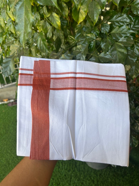 Single Pure white - Kaitharikada 100% Cotton 40s Thread Mundu / Dothi - 1.25 inch Brick Orange Shaded Kara (2 meters / 4 mulam) - 21 KK5298 SKM