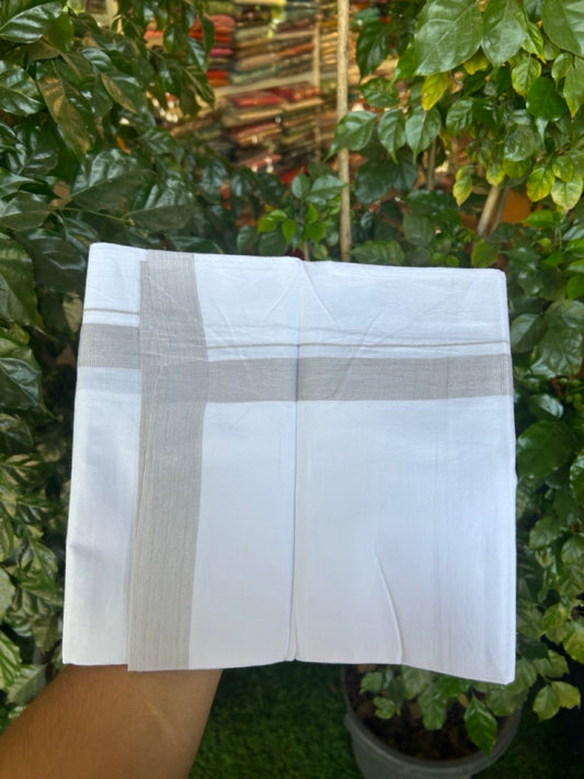 Single Pure white - Kaitharikada 100% Cotton 40s Thread Mundu / Dothi - 1.25 inch Light Grey Shaded Kara (2 meters / 4 mulam) - 23 KK5298 SKM