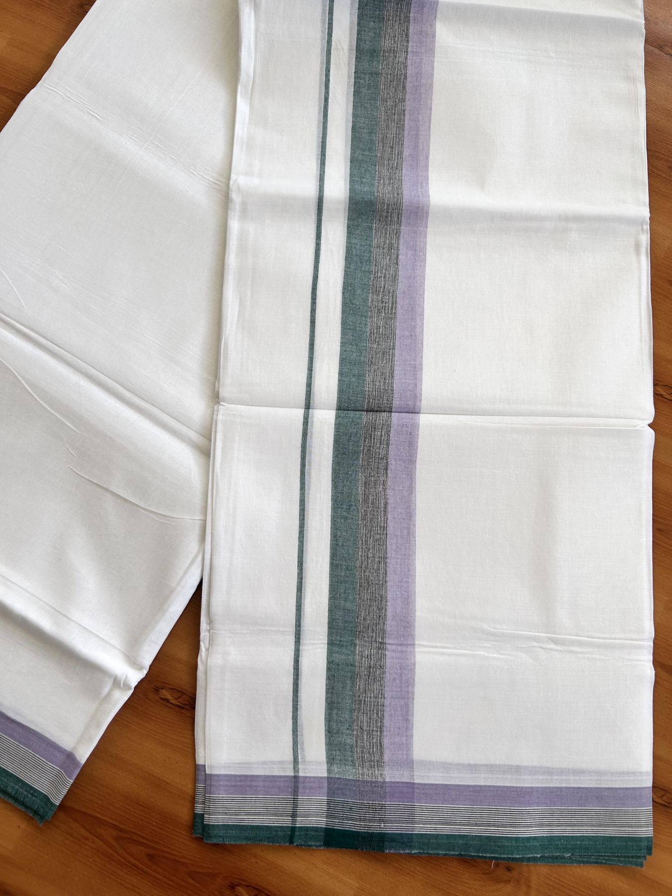 Double Pure White Mundu/Dhoti - 20% Discount ! Kaitharikada Balaramapuram 100% Pure Cotton - 100x80 - 1.75 inch Lavender, Black & Green Shaded Kara 3.90 mtr (8 muzham) - 24 KK5444 VIN