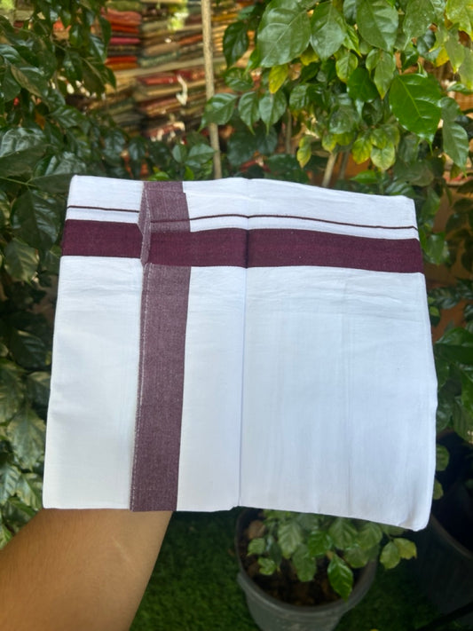 Single Pure white - Kaitharikada 100% Cotton 40s Thread Mundu / Dothi - 1.25 inch Wine Purple Shaded Kara (2 meters / 4 mulam) - 24 KK5298 SKM