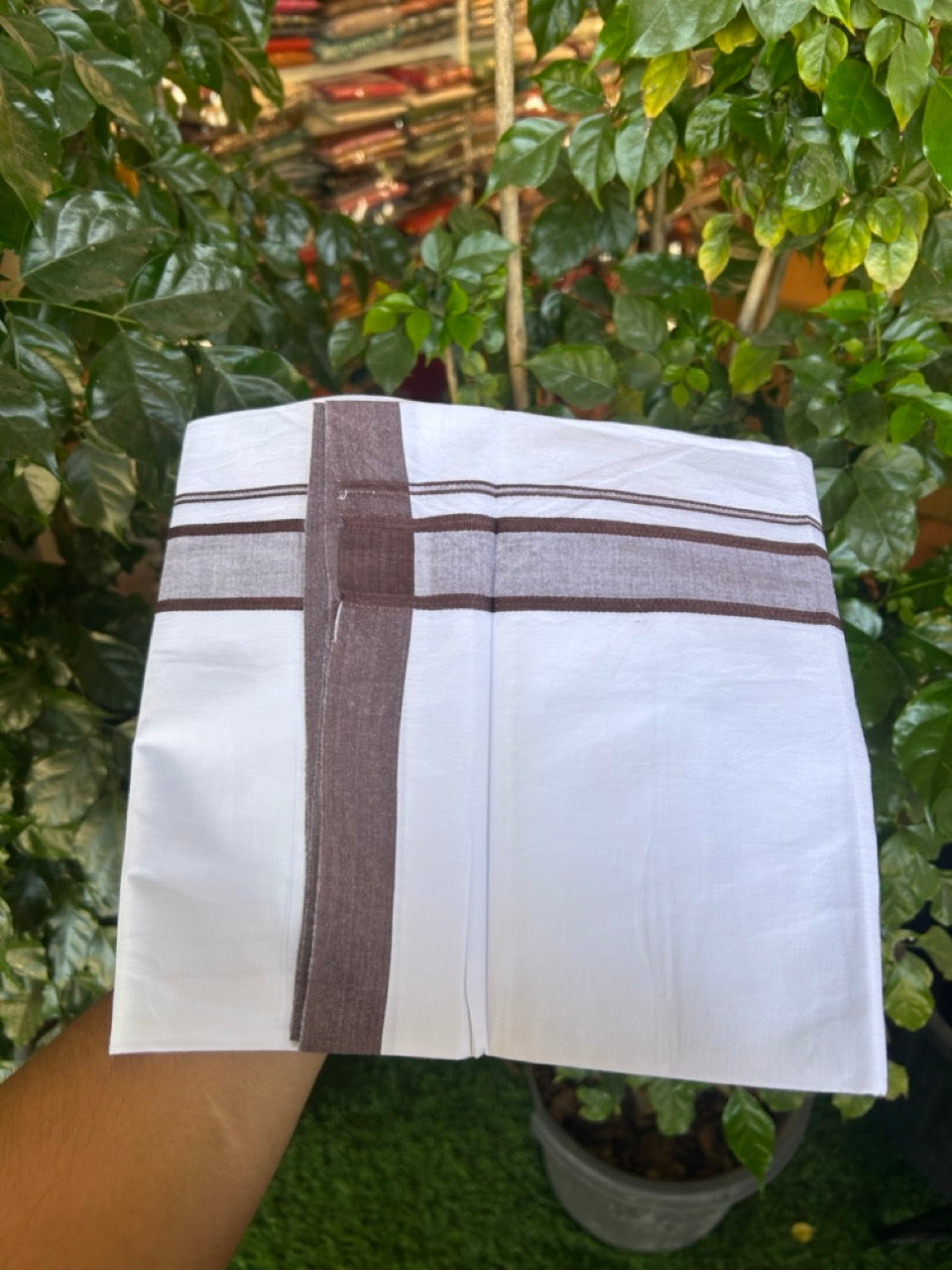 Single Pure white - Kaitharikada 100% Cotton 40s Thread Mundu / Dothi - 1.25 inch Brown Shaded Kara (2 meters / 4 mulam) - 20 KK5298 SKM