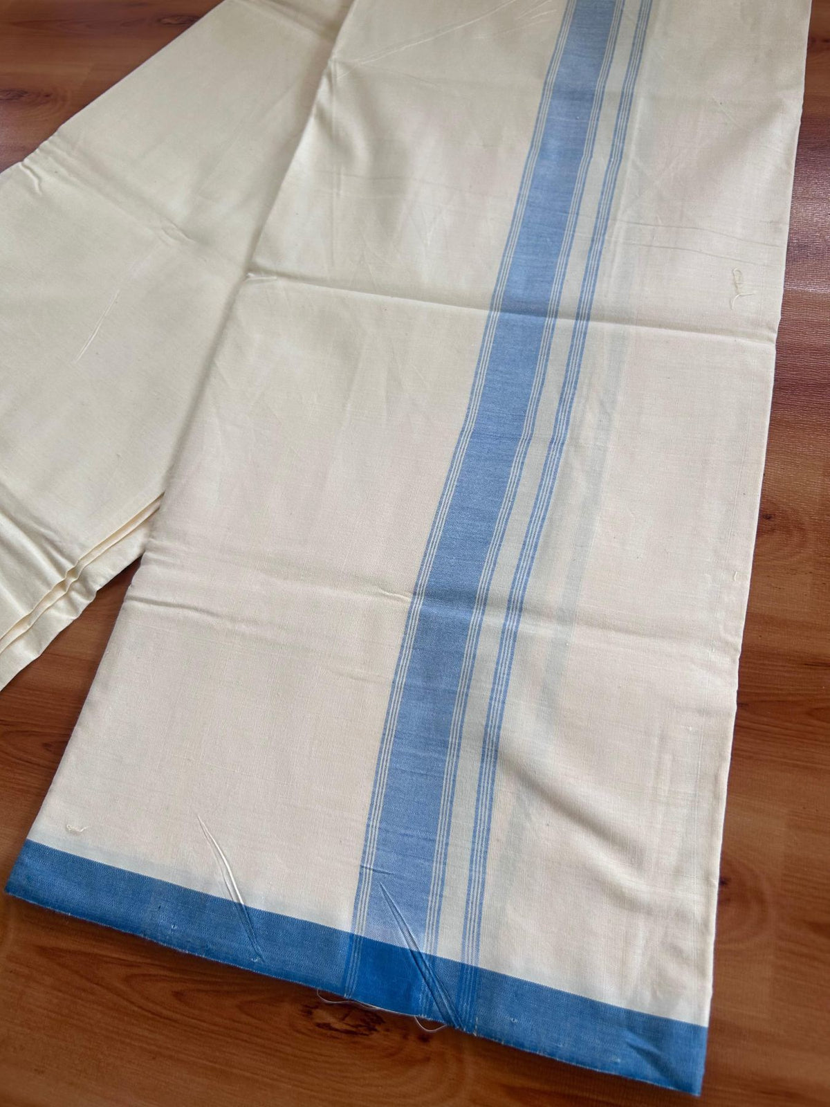 Kerala Handloom - Signature Kaitharikada - 100% Pure Cotton 2/80sx2/80s Thread - Light Yellow Single Mundu / Dhoti - 1.25 inch Peacock Blue Shaded Striped Kara - (2 meter / 4 muzham) - 20 KK8080 KAL
