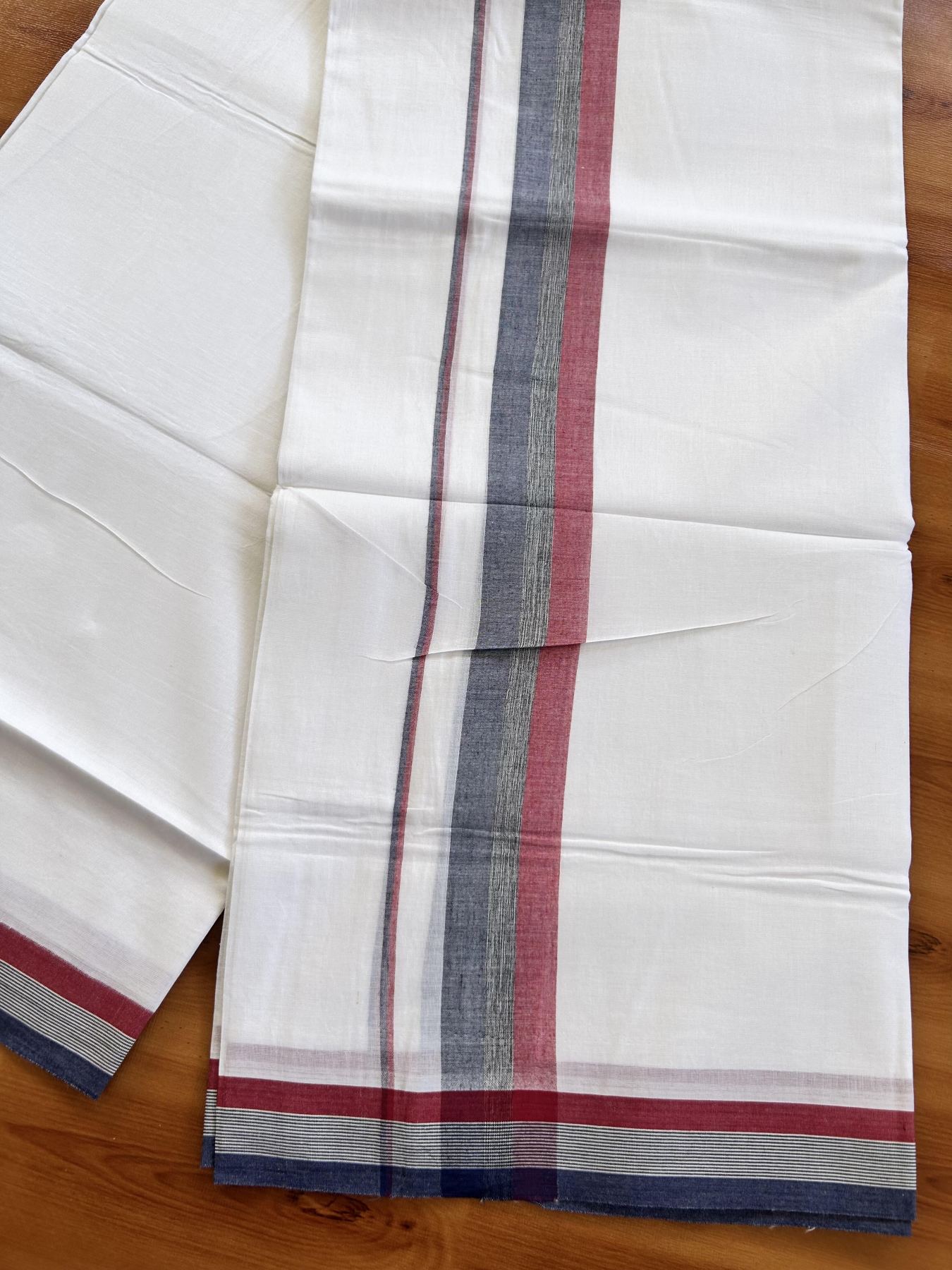 Double Pure White Mundu/Dhoti - 20% Discount ! Kaitharikada Balaramapuram 100% Pure Cotton - 100x80 - 1.5 inch Navy Blue, Black & Maroon Shaded Kara 3.90 mtr (8 muzham) - 23 KK5444 VIN