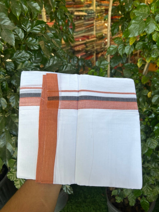 14% Discount ! Kaitharikada Balaramapuram 100% Cotton Pure White Double Mundu/Dothi - 72x72 - 1.25 inch Rust Orange & Black Striped Kara 3.65 mtr (8 muzham) - 2 KK5298 SKM