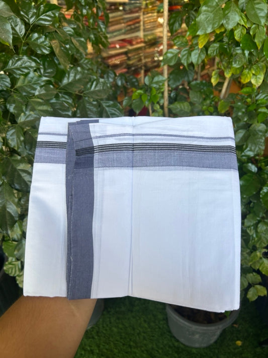 14% Discount ! Kaitharikada Balaramapuram 100% Cotton Pure White Double Mundu/Dothi - 72x72 - 1.25 inch Purple Ash & Black Striped Kara 3.65 mtr (8 muzham) - 1 KK5298 SKM