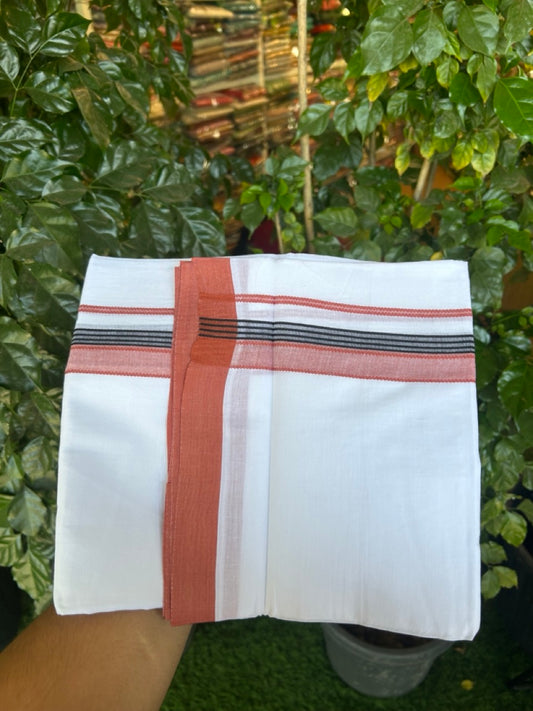 14% Discount ! Kaitharikada Balaramapuram 100% Cotton Pure White Double Mundu/Dothi - 72x72 - 1.25 inch Rust Brown & Black Striped Kara 3.65 mtr (8 muzham) - 5 KK5298 SKM