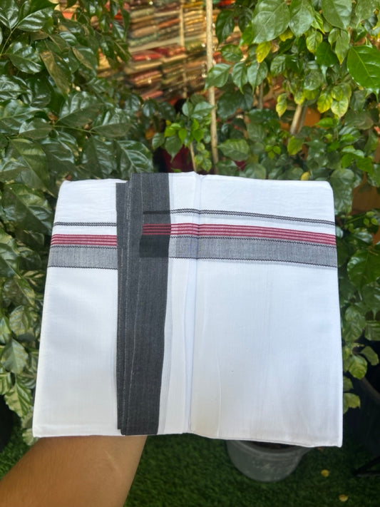 14% Discount ! Kaitharikada Balaramapuram 100% Cotton Pure White Double Mundu/Dothi - 72x72 - 1.25 inch Wine Red & Black Striped Kara 3.65 mtr (8 muzham) - 15 KK5298 SKM